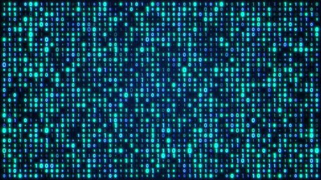 Loop animation of blue, glowing random digital data matrix of binary code numbers on a dark background. Motion background for technology, coding, or big data concept