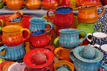 Beautiful colorful traditional ceramic crafted decoration items in the handicraft market.
