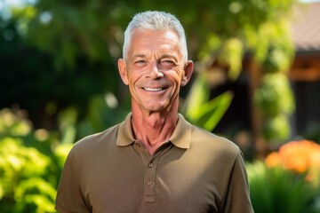 Lifestyle portrait photography of a grinning mature man wearing a sporty polo shirt against a lush garden background. With generative AI technology