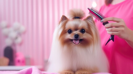 Professional groomer gives cute little dog trendy haircut at zoo salon. Dog grooming. ai generative