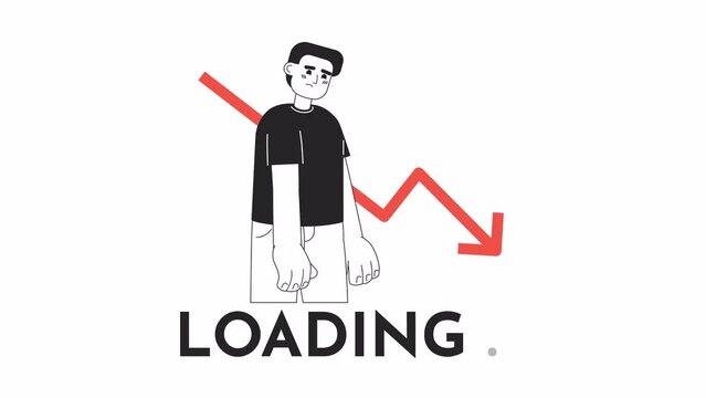 Stock market graph down black and white loading animation. Unsuccessful businessman outline 2D cartoon character 4K video loader motion graphic. Price prediction. Declining market waiting animated gif