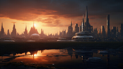 Fototapeta premium A City Awash in Golden Glow: Embracing the Future with Open Spaces and Warm Light