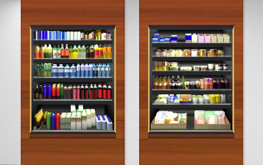 Bakery fridge built in wall mockup, illustration is suitable for presenting new products and new designs, labels on bottles. juice, water, milk and yogurt  brands among many other.