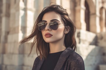 Editorial portrait photography of a tender girl in her 30s wearing a trendy sunglasses against a historical monument background. With generative AI technology