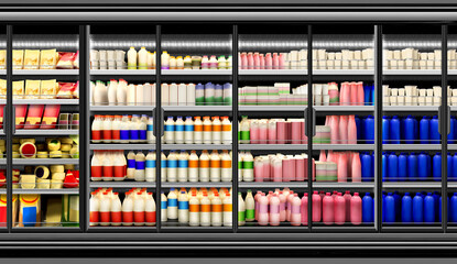 Milk and yoghurt products at glass door freezer. Suitable for presenting new Milk and yoghurt packaging or label designs among many others