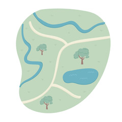 Cute hand drawn colored landscape with a lake, blue river and green trees and light yellow road of sand.