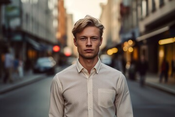 Fototapeta premium Photography in the style of pensive portraiture of a glad boy in his 30s wearing an elegant long-sleeve shirt against a busy street background. With generative AI technology