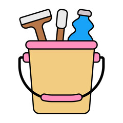 janitorial can with Wiper and Liquid  vector color design, Housekeeping symbol, Office caretaker sign, porter or cleanser equipment stock illustration, cleaning bucket concept
