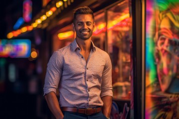 Obraz premium Lifestyle portrait photography of a glad boy in his 30s wearing a classy button-up shirt against a neon sign background. With generative AI technology