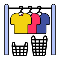 Drying laundry indoors vector color design, Housekeeping symbol, Office caretaker sign, porter or cleanser equipment stock illustration, clothes line or clothesline with Baskets concept