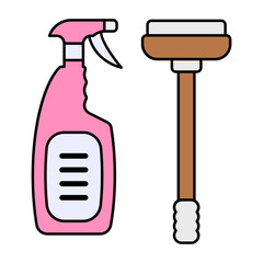 All Purpose Liquid with Scrapper vector color design, Housekeeping symbol, Office caretaker sign, porter or cleanser equipment stock illustration, Shower Spray with Mini Wiper concept