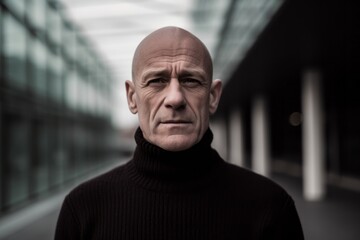 Obraz premium Photography in the style of pensive portraiture of a happy mature man wearing a classic turtleneck sweater against a modern architecture background. With generative AI technology