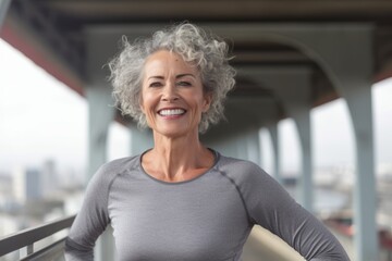 Close-up portrait photography of a grinning mature woman wearing a versatile pair of leggings against a modern architecture background. With generative AI technology