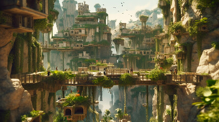 Creation of the world. Hanging gardens. Unreal landscape, the power of imagination