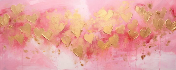Pink and gold heart, with attractive warm color and feel. Many small gold hearts. Like , love, thank you concept abstract background. Hand edited generative AI.   