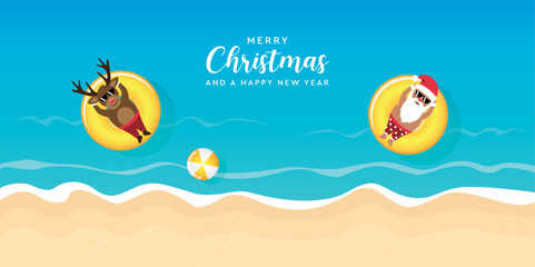 cute santa claus and deer relaxing on float ring in water on the beach vector illustration EPS10