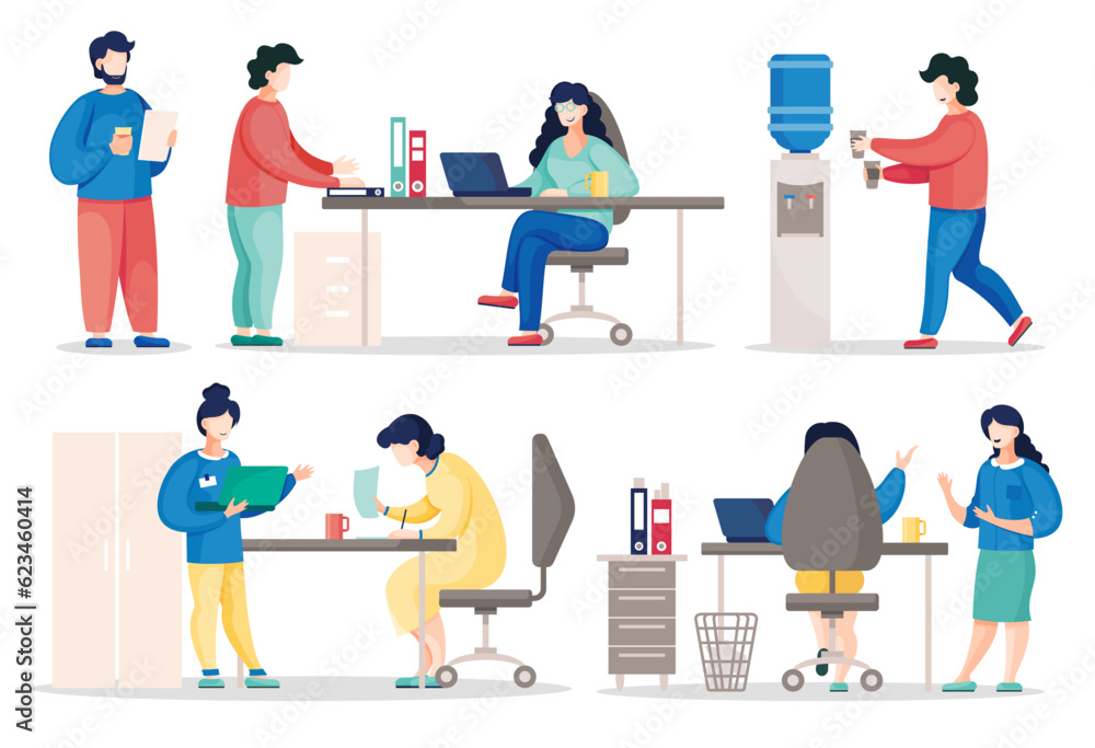 Poster flat vector of busy business people working in office. colleagues communicating during work. busines