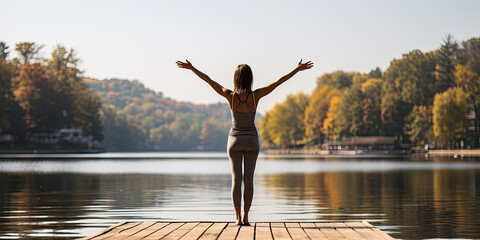 Fototapeta na wymiar Generative AI - Embracing Balance: Yoga for a Healthy Life by the Serene Lake