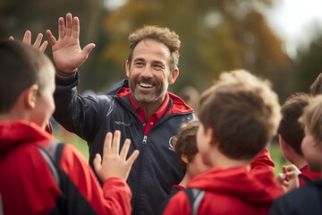 Rugby coach doing a high five with his elementary school team. generative AI - Powered by Adobe