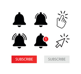 vector illustration. social media icons. bell icon, notifications, red subscribe button. collection of simple web flat symbols or signs. index finger, pointer. press or click. cursor. video channel