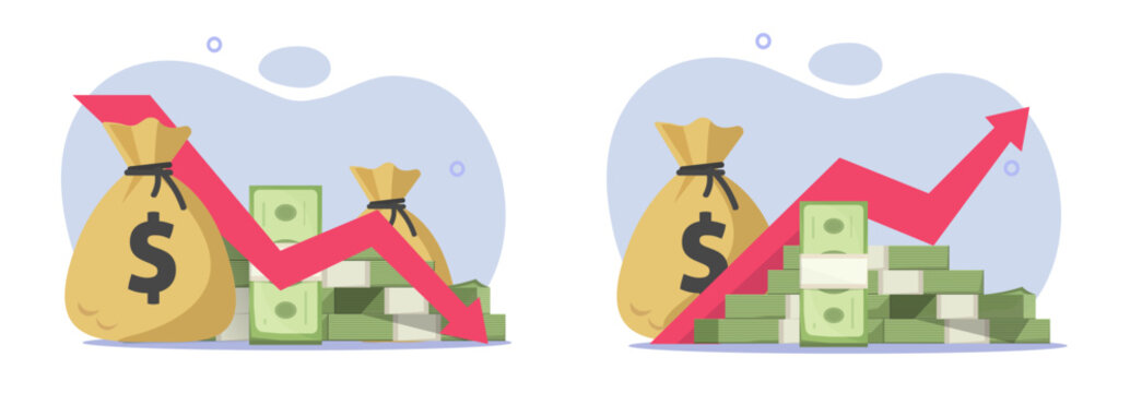 Stocks graph money finance market up down icon vector graphic, financial growth loss chart arrow illustration, currency inflation deflation image clipart flat design, sales trade increase decrease