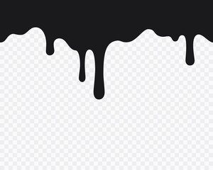 Drip of oil, sauce or paint isolated on transparent background. Black chocolate melt liquid splash border. Flowing sticky slime silhouette. Vector ink drops seamless pattern