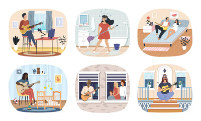 Set of pepole that play on guitar. Man playing guitar and composing music at home, guitarist musician. Learning to play the guitar at home. Creative hobbies and music or art study at home.