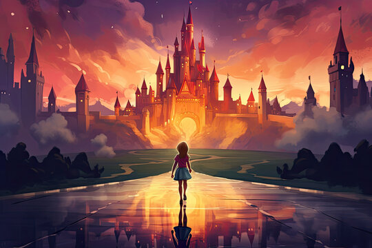 little princess stand in front of big golden castle illustration Generative AI