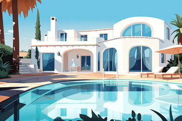 Fototapeta na wymiar white villa with pool summer vacation illustration Generative AI