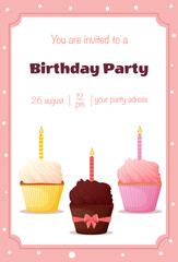Birthday party invitation, greeting card with cake