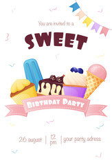  Birthday party invitation card with different sweets