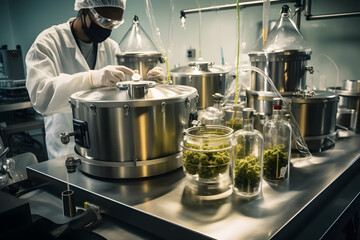 medical marijuana research lab, with scientists analyzing and testing various strains and products