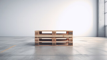 Wooden pallet stacked in empty warehouse closeup