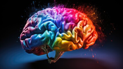 Human brain with multicolored twists close-up on black background. Bright pulses and splashes around the brain