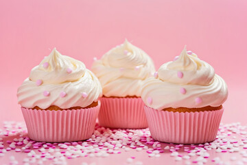 cupcake with pink frosting,Vanilla cupcakes on a pink background topped with cream,cupcakes with pink frosting,cupcakes with pink frosting and sprinkles