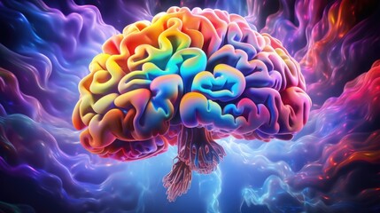 Human brain with multicolored twists close-up on black background. Bright pulses and splashes around the brain