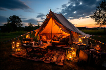 Fototapeta premium Luxurious camping, glamping, a tent in a clearing on the river bank. Tourism and summer vacation with tents concept. Aerial view. 