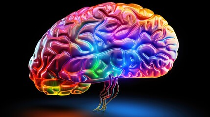 Human brain with multicolored twists close-up on black background. Bright pulses and splashes around the brain