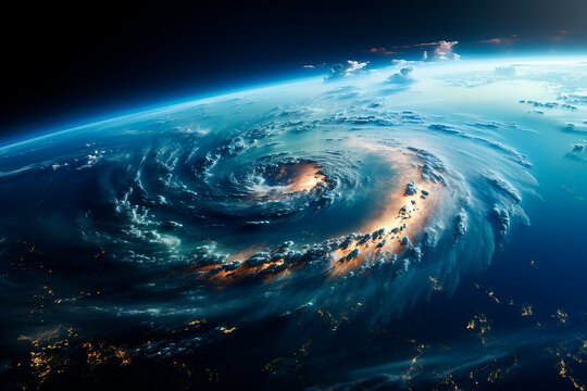 Satellite image from space of a tropical storm - hurricane, cyclone or typhoon. Climate change concept. Generative AI