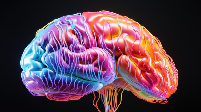Human brain with multicolored twists close-up on black background. Bright pulses and splashes around the brain