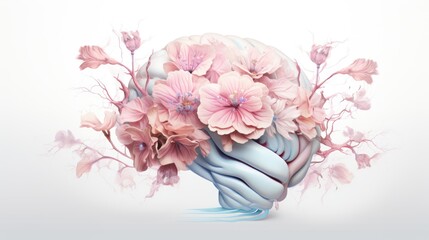 Human brain with flowers, pink tones, close-up on white background. creative brain work. ai generative