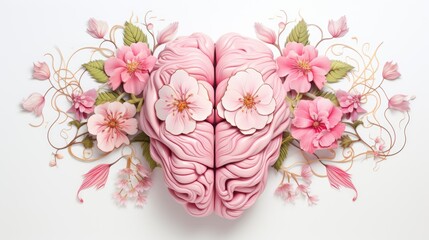 Human brain with flowers, pink tones, close-up on white background. creative brain work. ai generative