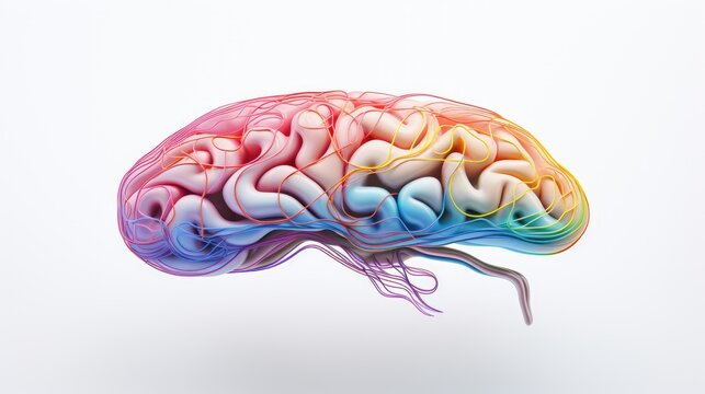 Human brain with flowers, rainbow tones, close-up on white background. creative brain work. ai generative