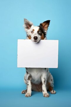 Dog holding white board with space to write, blue background