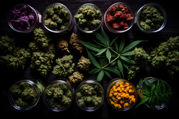 Overhead view of cannabis buds on table
