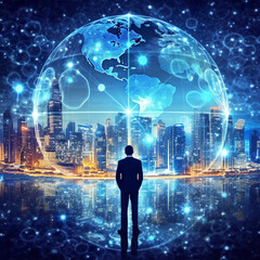 Fototapeta na wymiar Global business smart innovation technology networks, Businessman and internet network connection, economic development, business deal, marketing planning, AI generated.