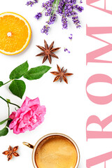 Fragrant lavender, rose, coffee, orange and anise isolated on white background.