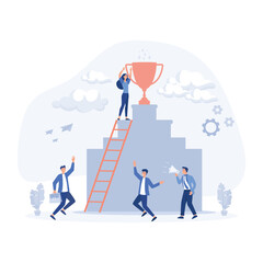 Business concept, People working on their role with tropy on top, Symbol of succes of teamwork,  flat vector modern illustration  - obrazy, fototapety, plakaty