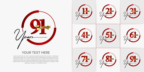set of anniversary logo with red number in circle and golden ribbon can be use for celebration