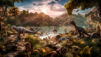 Animaux préhistoriques, dinosaures, paysage du temps des dinosaures - Générative IA - obrazy, fototapety, plakaty